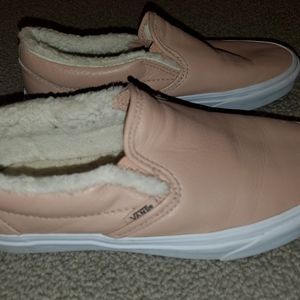 Vans Blush Colored Leather Slip Ons Size 7.5 M / 9 W With faux fur insoles